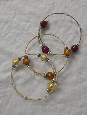 Gold Hoop Bracelets with Red and Amber Glass Beads (Set of 3)